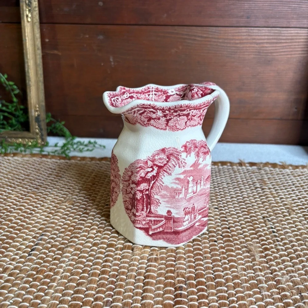 Vintage Mason's Ironstone England Vista Pink Red Transferware Creamer Pitcher